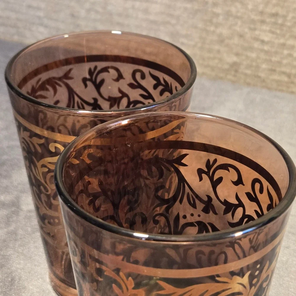 Timon Glass Italy Vintage Gold Filigree Juice Glasses Set of‎ 2 Hand Decorated
